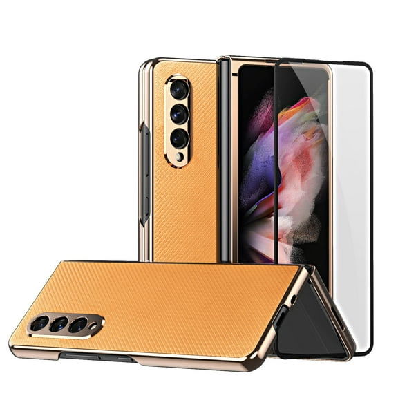 Samsung Galaxy Z Fold 3 5G Case with Screen Protector Film, Dteck Full Protection Cover Carbon Fiber Anti-Scratch Shockproof Protective Phone Case for Samsung Galaxy Z Fold 3,Gold