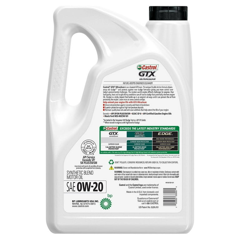 Castrol GTX Ultraclean 0W-20 Synthetic Blend Motor Oil, 5 Quarts