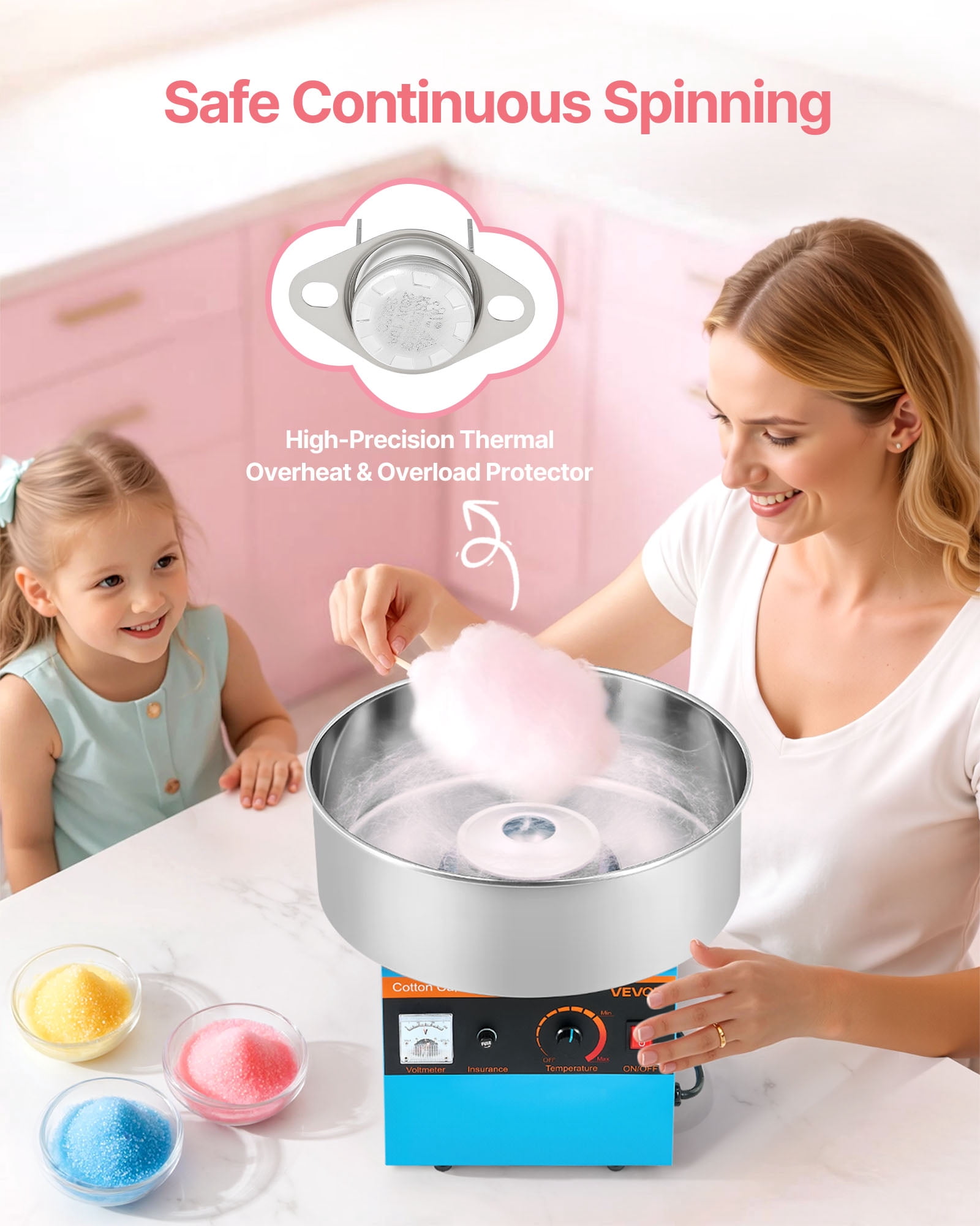 VEVOR Cotton Candy Machine Commercial, 1000W Electric Candy Floss Maker, Easy Use with 15 inch Stainless Steel Bowl and Sugar Scoop, Makes Hard Candy for Home Kids Birthday, Family Party, Blue