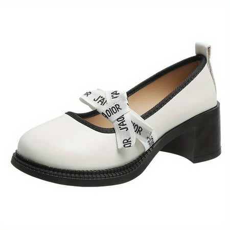 

Women‘s Chunky Heeled Loafers Slip-on Round Toe Waterproof Casual Shoes Women‘s Bow Tie Decor Footwear