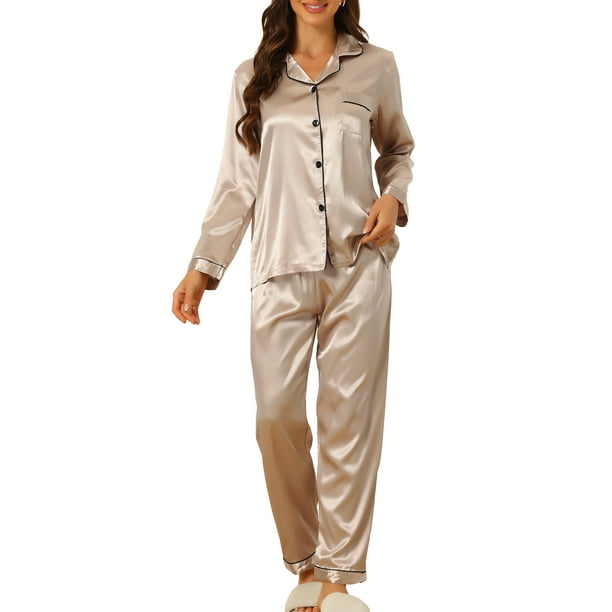Conjuntos de pijama de satén para mujer INSPIRE CHIC, camisetas de manga larga y pantalones, 2 piezas, ropa de casa M color champán claro