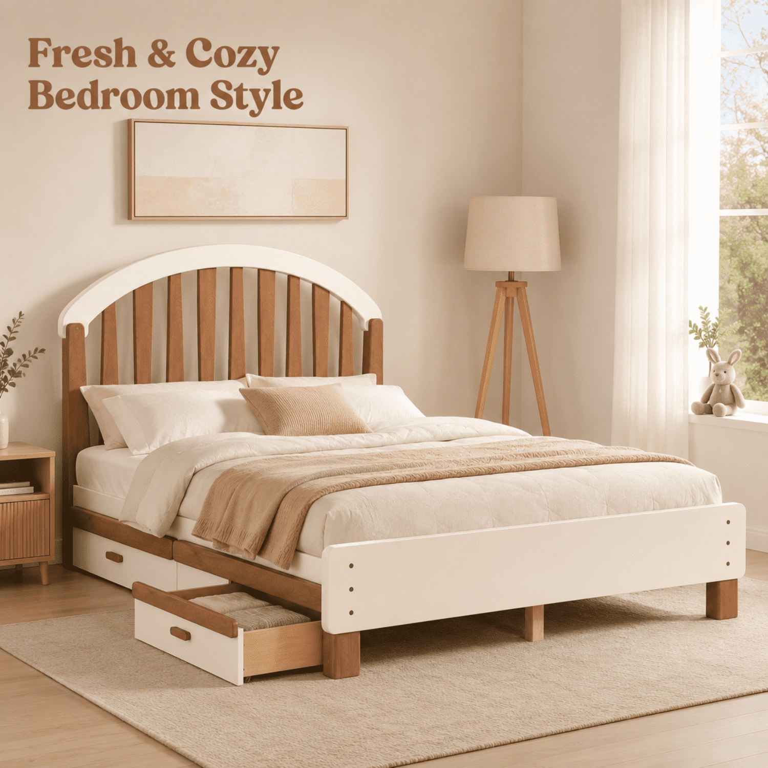 Miniyam Full Size Kids Bed Frame with Storage Drawer, Wooden Platform Bed, Beige & Natural
