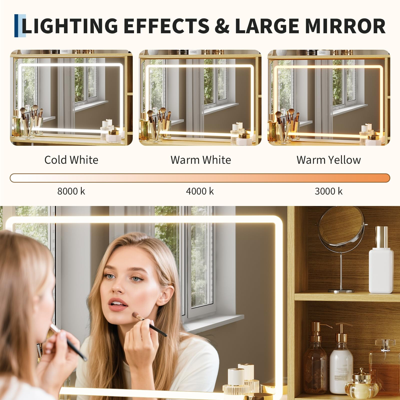 Kicctian Modern Makeup Vanity Set with Mirror - Dressing Table Featuring 4 Fabric Drawers & Shelves, Bedroom Furniture Gift for Women,Wood Color