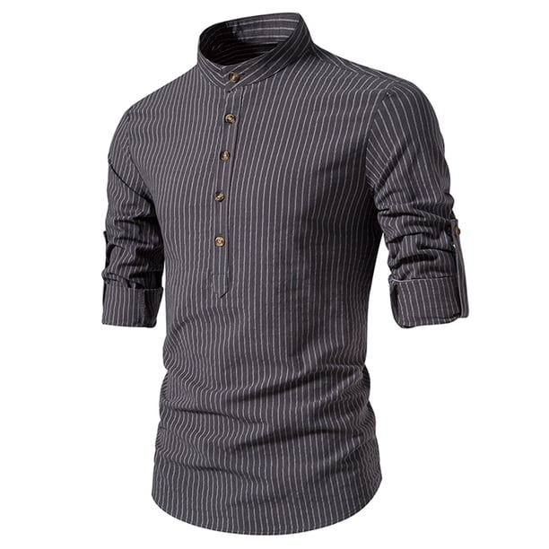 Blusa y camisa de manga larga con cuello alto para hombre, informal, con botones y rayas, blusa de manga larga con cuello alto, blusa para hombre