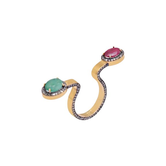 Sterling Silver Ruby Zambian Emerald Ring, Unique Diamond Stackable Ring