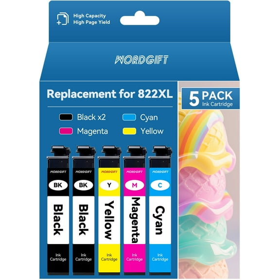 WORDGIFT Replacement for 822xl Ink Cartridges Compatible for Epson 822 Ink 822XL forPrinter Ink (5 Pack )