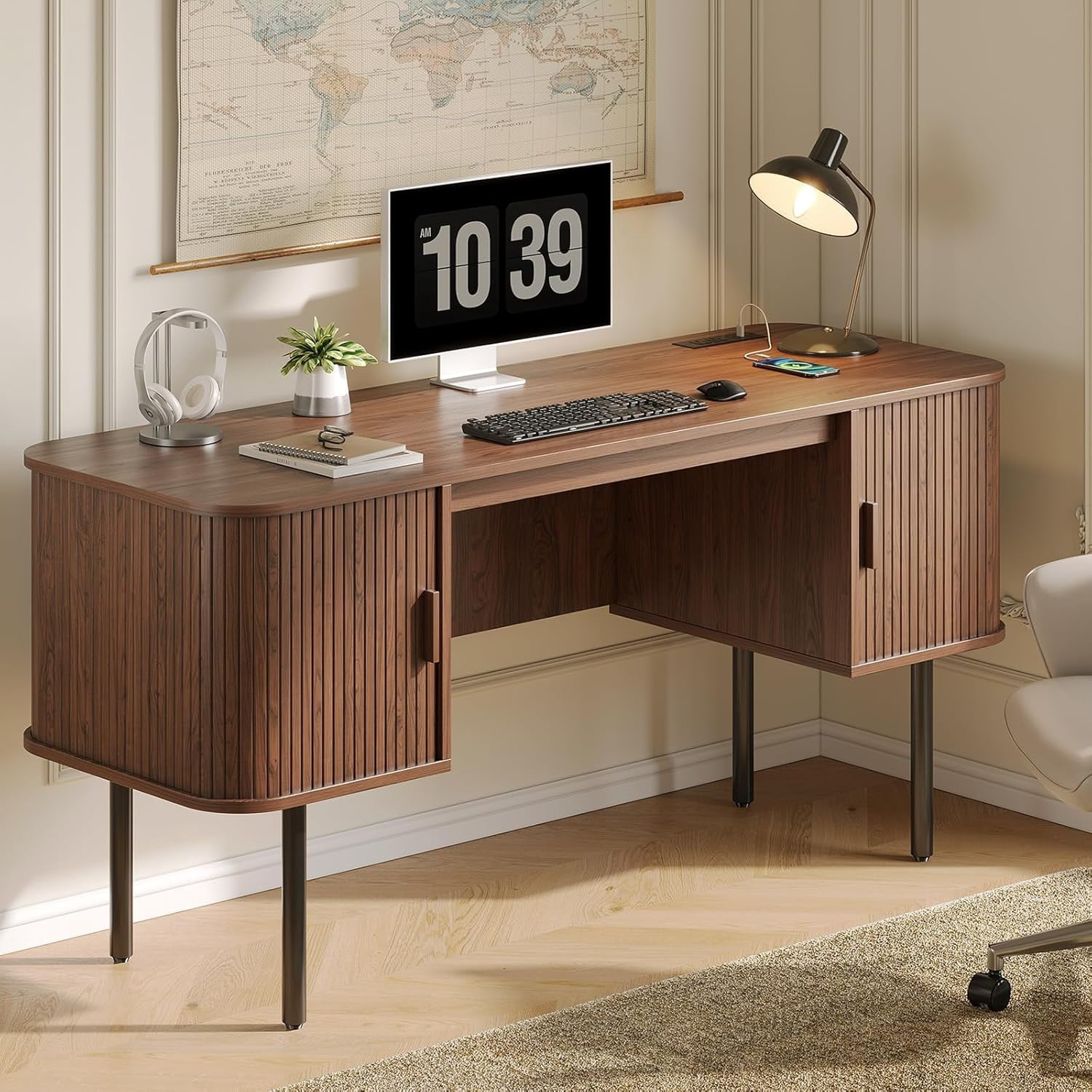 ONBRILL 63 Inch Fluted Computer Desk with Charging Station, Mid Century Executive Desk with 2 Storage Cabinets, Modern Home Office Large Desk with Metal Legs for Working, Studying, Writing, Walnut