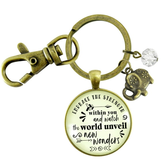 Elephant Gutsy Goodness Bronze Keychain Embrace Strength Within You Empower Boho Jewelry Mantra Pendant