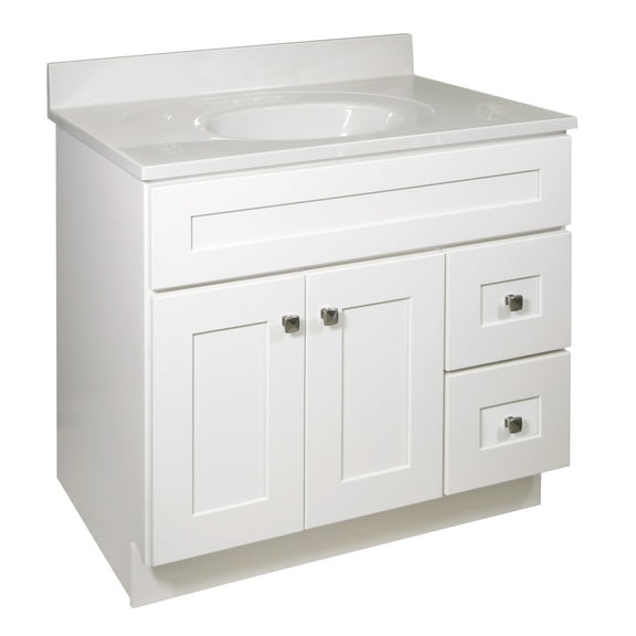 Design House Brookings 37" x 22" Ready to Assemble 2-Door 2-Drawer Bath Vanity with Cultured Marble 4" Centerset Solid White Top, Sherwin Williams® White/Ivory Swirl