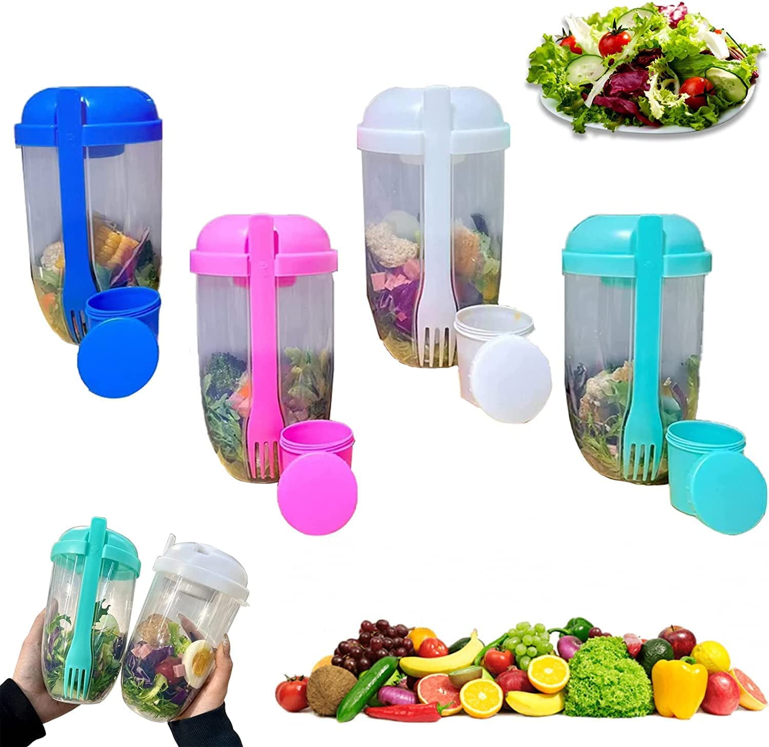 FunnyBeans 4PCS 4 Color Fresh Salad to Go Container Set, Shaker Cup