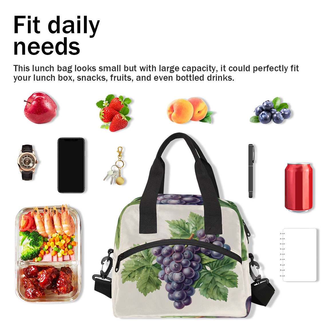 Herdesigns Purple Grape Insulated Lunch Bag for Women Men Adults Large Reusable Lunch Box Leakproof Portable Cooler Tote Bags with Adjustable Shoulder Strap