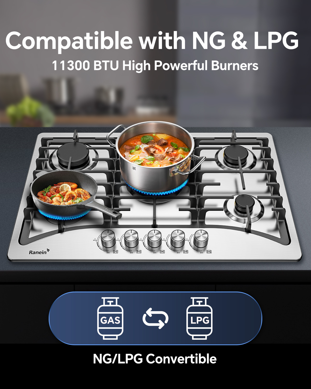 24-Inch 4 Burner Gas Cooktop Stove Top, Built-In Gas Stove, 304 Stainless Steel Panel, NG & LPG Convertible, Compact Cooking Stove for Apartment, Indoor