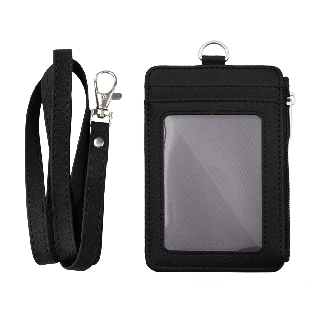 GOGO Badge Holder with Zip, Slim Double Sided PU Leather ID Card Holder  Wallet Case with 5 Card Slots, 1 Side Zipper Pocket and Neck Lanyard/Strap,  