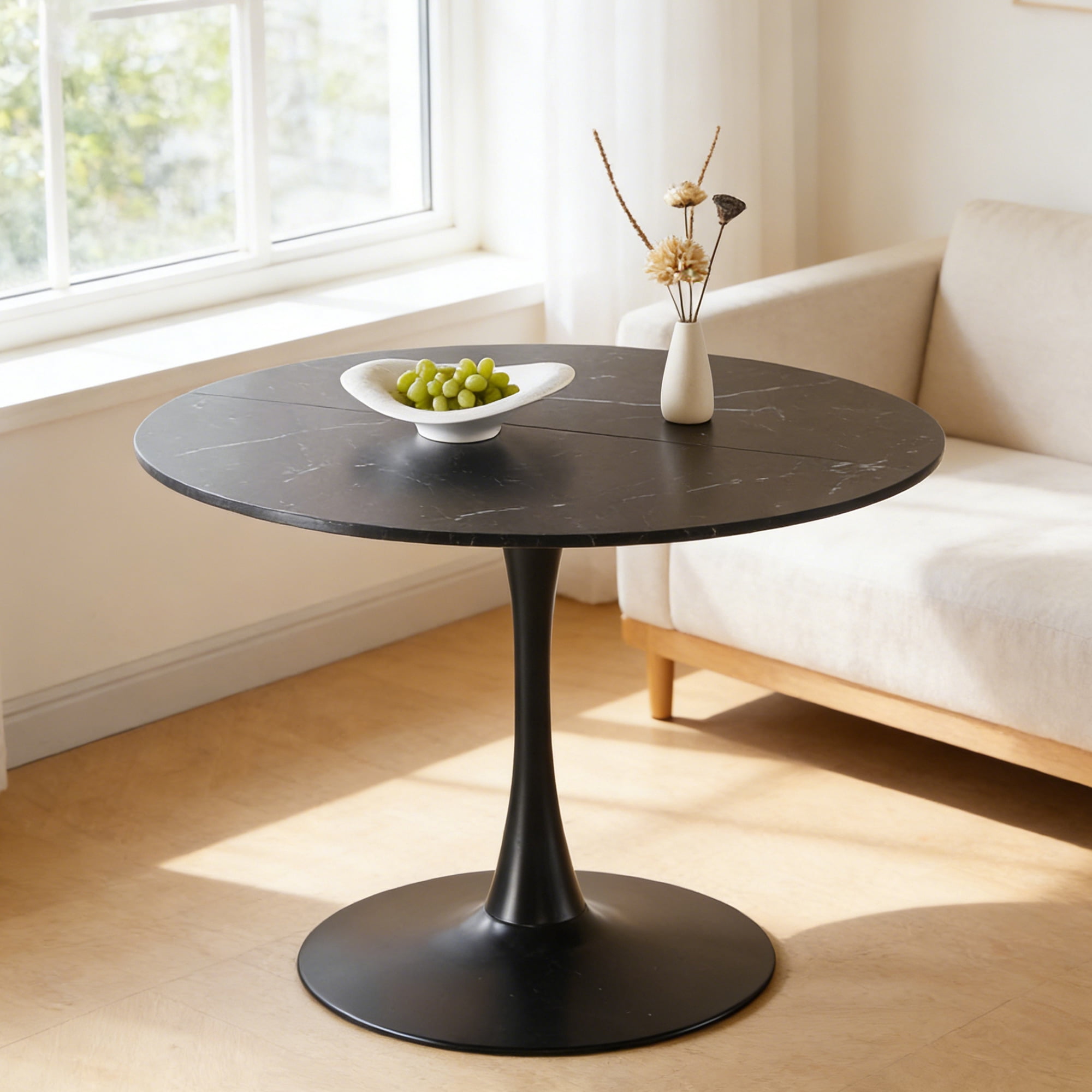 Mintazer 42.1" Large Round Dining Table Top Tulip Table for 4-6 People, Mid-Century MDF Kitchen Table for Dining Room, Black with Pattern