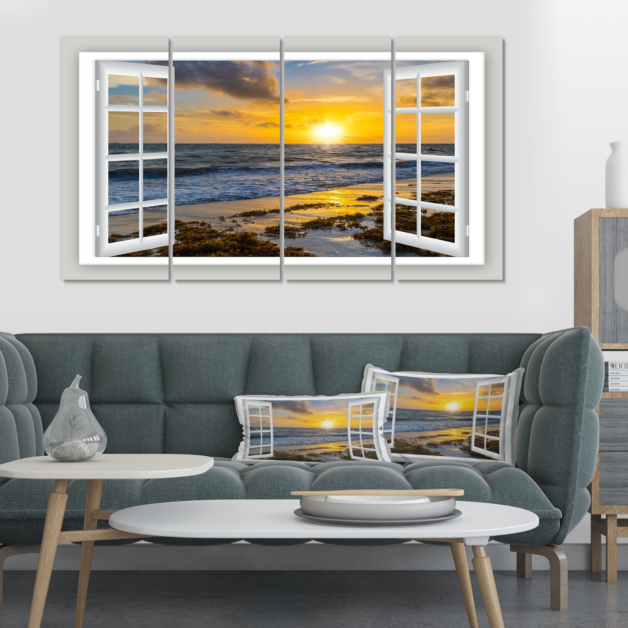 Designart 'Open Window to Bright Yellow Sunset ' Modern Seascape Canvas Artwork