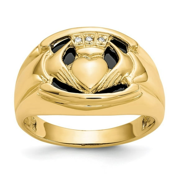 Auriga 10k Yellow Gold Men's Diamond and Black Onyx Claddagh Ring Size- 10