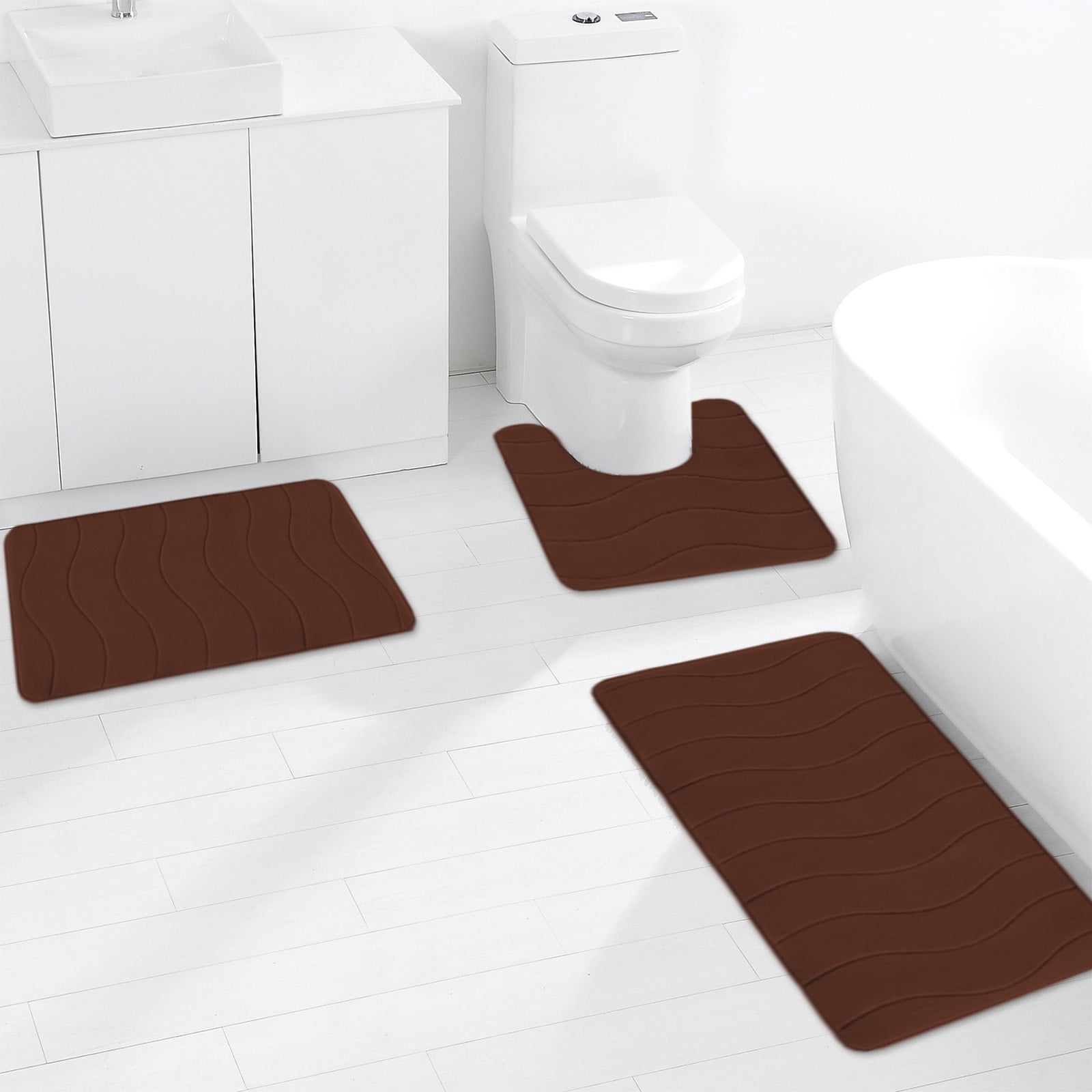 Hiroekza Solid Color Bathroom Rug Set 3 Piece Set - Non-Slip Absorbent Mats - Modern Polyester & Rubber Backing for Bathroom, Bedroom, Household Includes 2 Bathroom Rugs 1 U Shape Rugs Coffee