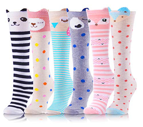 Girls Knee High Socks Tall Long Funny Boot Cute Crazy Animal Child Fun Socks for Kids 6 Pairs Girls Socks 8-10 Years Old 