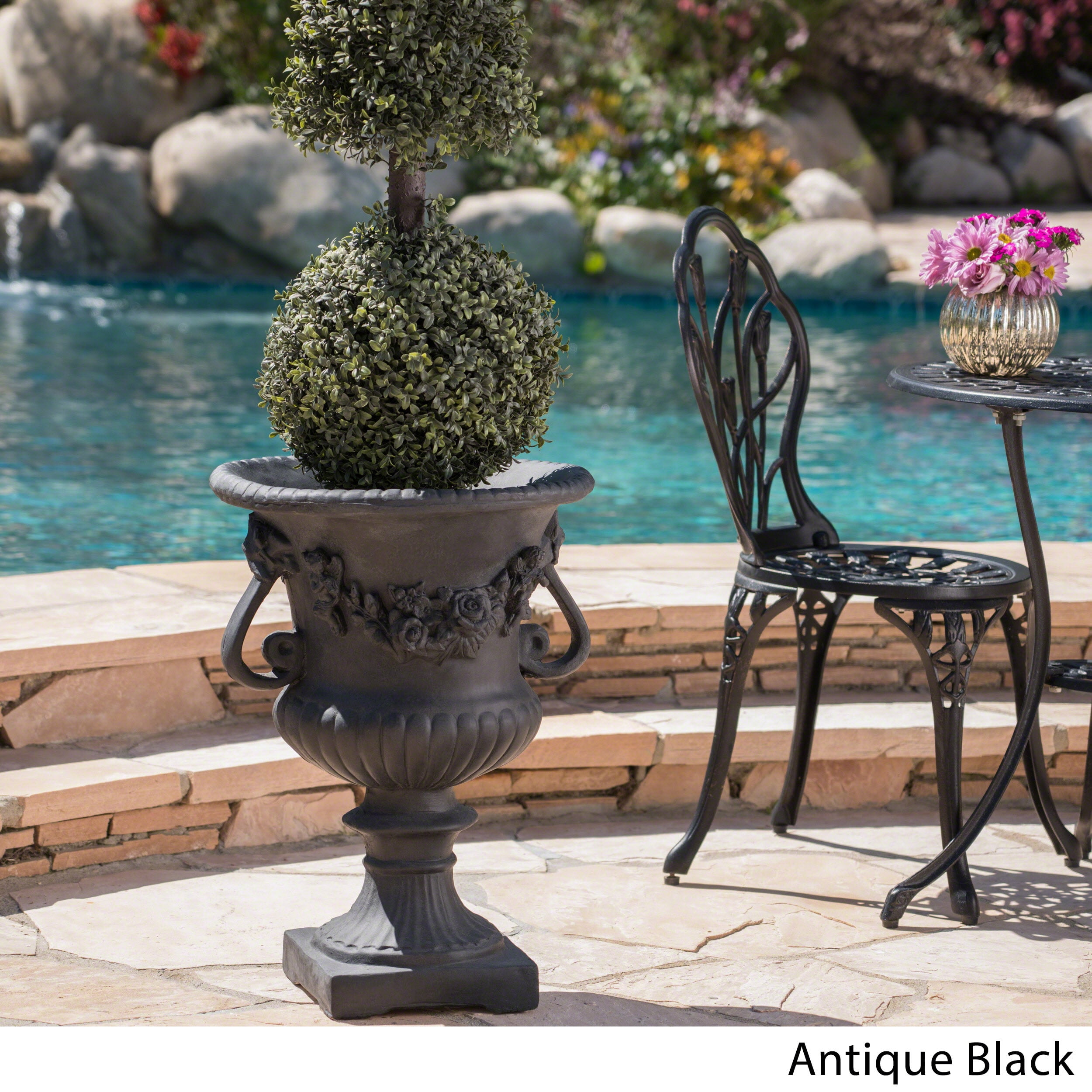 GDF Studio Isia Outdoor Cast Stone Garden Urn Planter, Antique Black