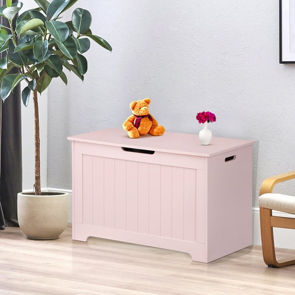 HomGarden 150L Wood Toy Chest Child Storage Box Cabinet W/Safety Hinged Lid, Pink