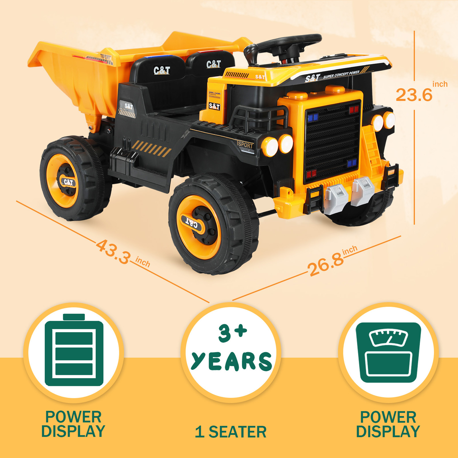 YUFU 12V Battery Kids Ride On Dump Truck RC Construction Tractor w/ Electric Bucket,Yellow