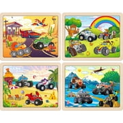 SYNARRY 4-in-1 Wooden Wooden Monster Truck Puzzles for Kids Ages 3-8, 24pcs Each, FSC Certified Educational Jigsaw Puzzle Set