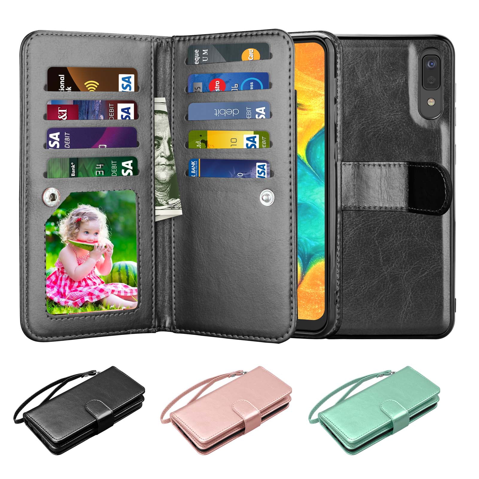 Folio Flip Protective Cover Huawei P Smart 2019 Wallet Case with Wrist Strap Magnetic Closure Foldable Stand Green Card Slot Leather Case for Huawei P Smart 2019 Embossed Cat Pattern