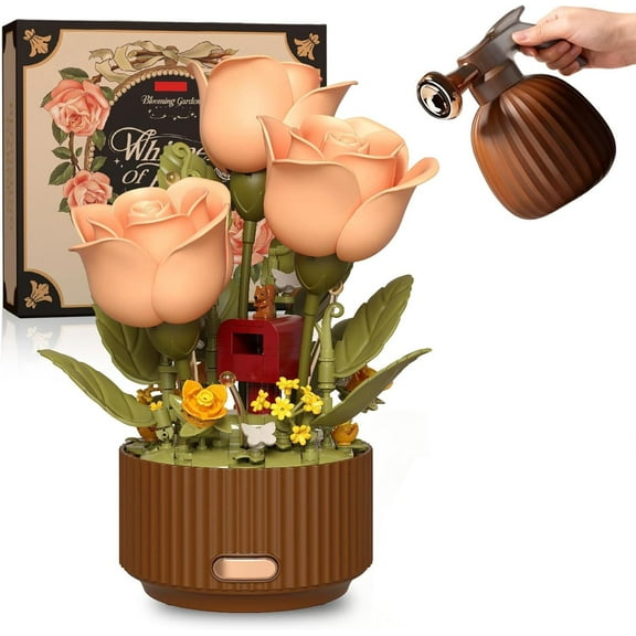 DDRIC Magic Watering Can Flower Building Blocks Set - Remote Control Automatic Bloom, 255 PCS Mechanical Flower Kit with Lights & Sound, Creative Flowers Botanical Block Decor (1 PCS)