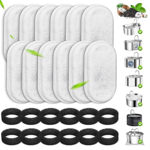 Cat Water Fountain Filters,12 Pack Replacement Filters & Pre-Filter Sponges for 3.2L/108Oz & 67oz/2L Stainless Steel Pet Fountain,Carbon Filters for Automatic Cat Water Dispenser Water