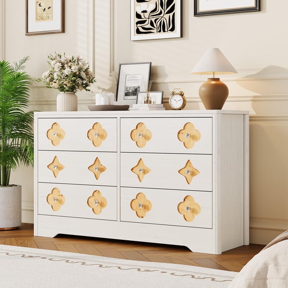 6 Drawer Dresser for Bedroom, 47.2'' Wide Dresser, Boho Chest of Drawers, Wooden Chest with Clothes Storage Cabinet, Decorative Drawer Front Organizer for Bedroom, Living Room, White