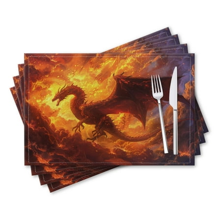 

BaHomeck placemats Set of 4 rectangle Linen Cotton Placemats for Dining Table Washable Heat Resistant 18*12inch Majestic Dragon Soaring Through The Fiery Skies