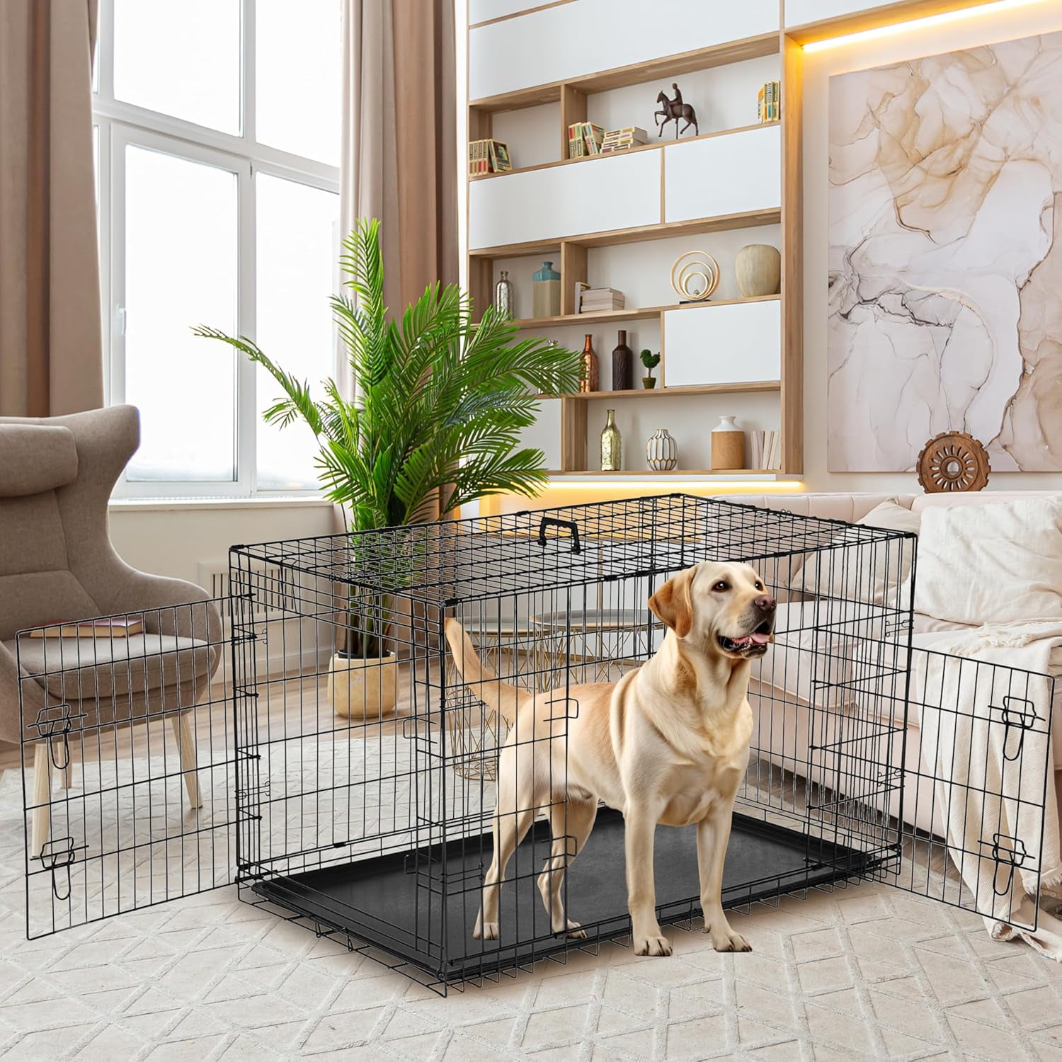QUIOCOZY 42 Inch Extra Large Double-Door Dog Crate - Enhanced Foldable Metal Pet Kennel with Divider & Removable Tray