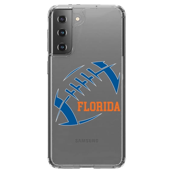 DistinctInk Clear Shockproof Hybrid Case for Galaxy S21 5G (6.2" Screen) - TPU Bumper, Acrylic Back, Tempered Glass Screen Protector - Florida Football - Orange, Blue