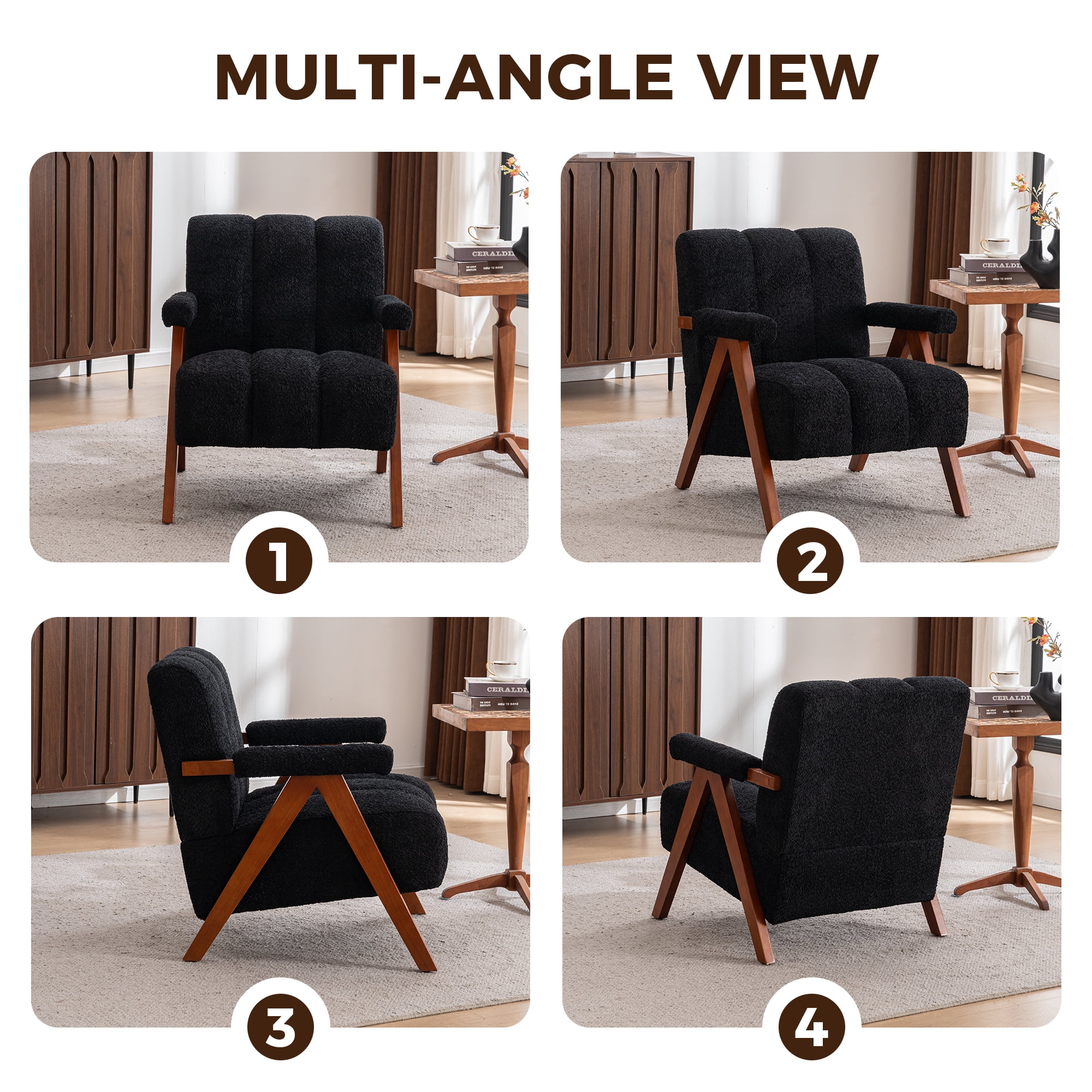 MOONMISS Mid Century Modern Accent Chair with Solid Wood Frame, Boucle Upholstered Living Room Chairs with Thick Cushion, Comfy Tufted Arm Chair for Bedroom,Black