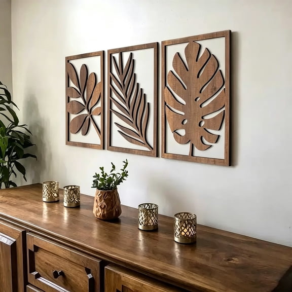 Hugtrea 3 Pcs Palm Leaves Wooden Wall Art, Tropical Plant Boho Wall Decor, Minimalist Hollow Carved Wall Sculpture Panel for Home Living Room, Bedroom, Kitchen