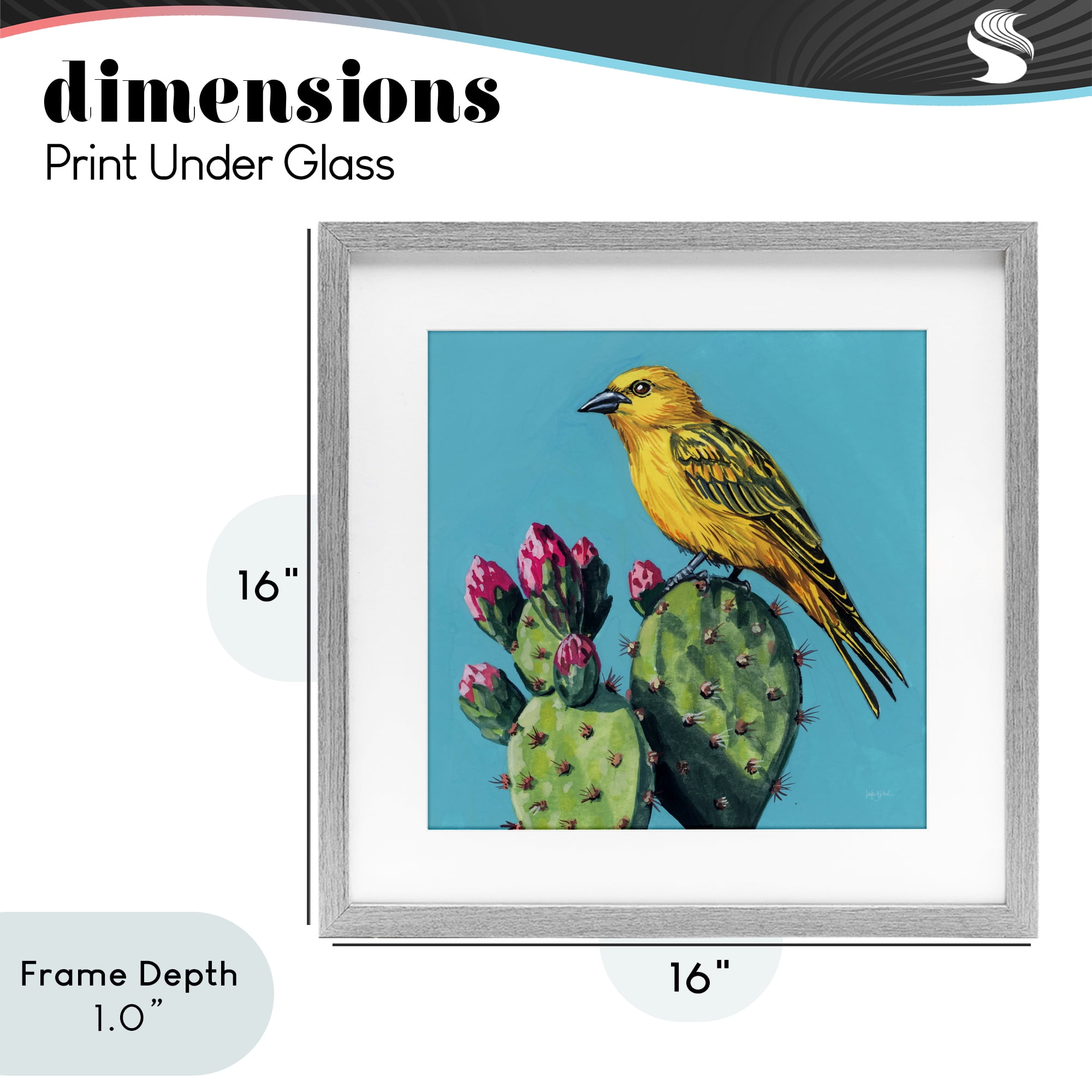 Stupell Industries Yellow Bird on Cacti Bloom Gray Framed Print Under Glass, design by Kate Jarvik Birch