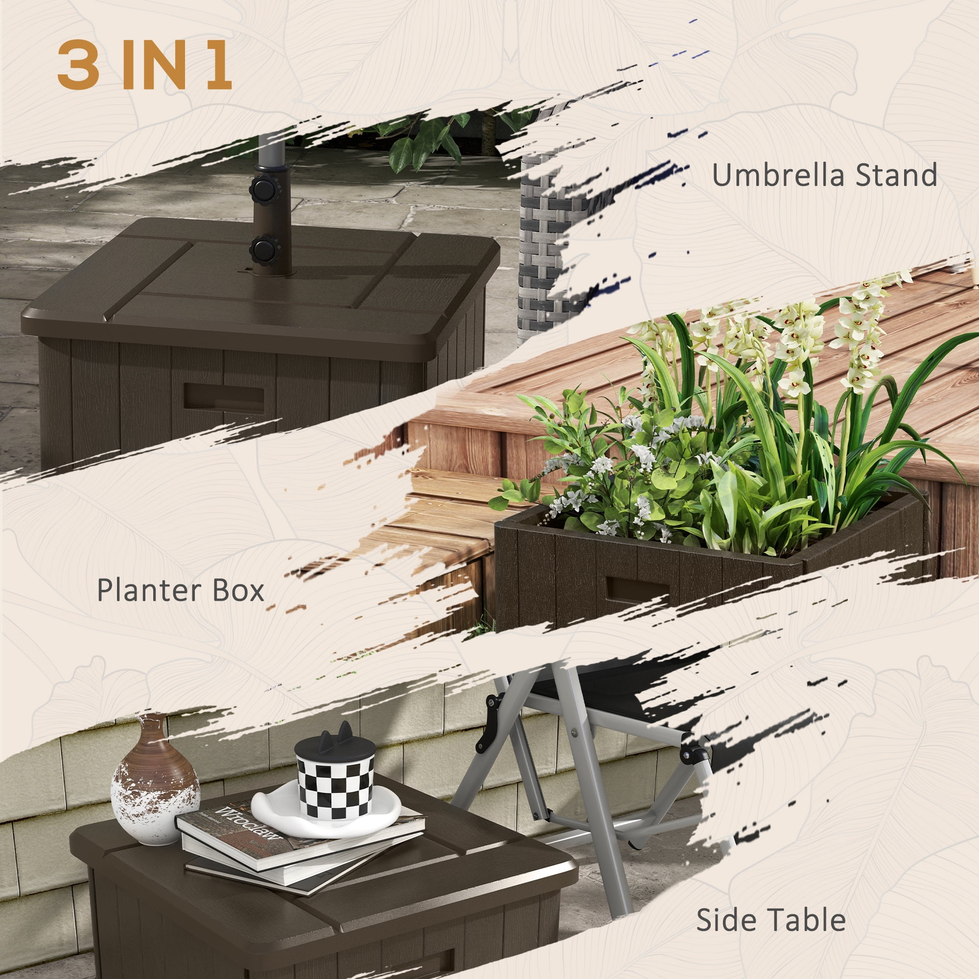 Outsunny 3-in-1 Outdoor Umbrella Base with Wheels and Handles, Coffee End Table, Flower Box Planter with Hole, 175 lbs. Capacity, Brown