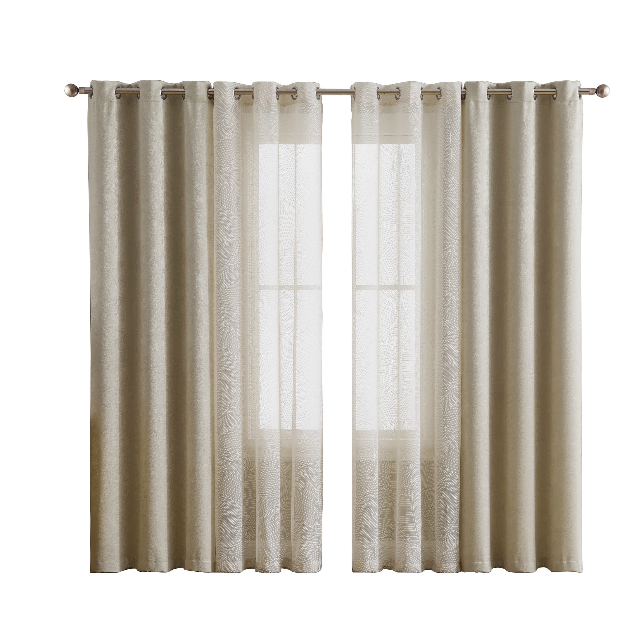 VCNY Home Hudson 4-Piece Leaf Blackout Sheer Curtain Panel Set, Taupe, 38" x 84"
