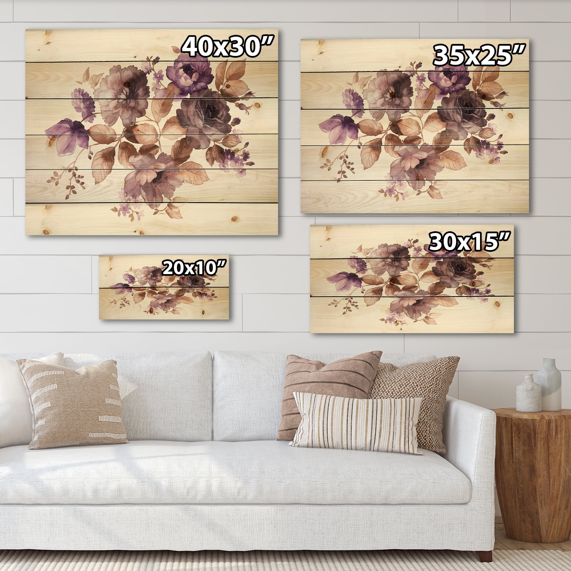 Designart 'Purple Retro Flowers With Brown Leaves On White' Traditional Print on Natural Pine Wood