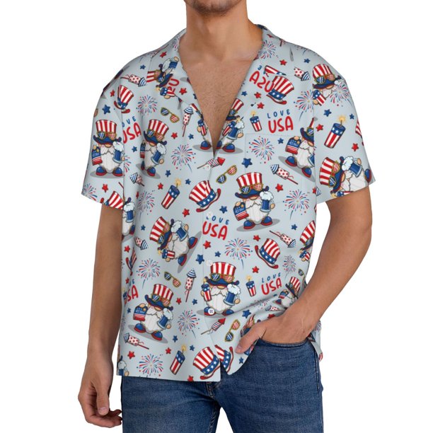 Fotbe I Love USA Camisa Estampada de Manga Corta para Hombre, Casual de Verano, Estilo Playero, Sin Arrugas-Medium