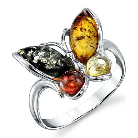 Baltic Honey Amber Ring - Sterling Silver Baltic Amber Multi Color Butterfly Ring, Cherry Honey Cognac and Olive Colors Sizes 5 -9