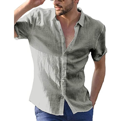 Men's Short-Sleeve Shirts Button Down Linen Shirt Summer Casual Tops ...