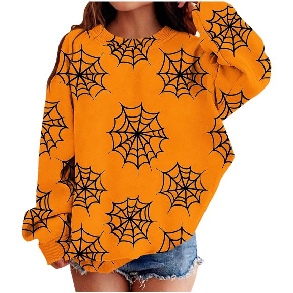 Ugoldhm Girls Halloween Print Crew Neck Sweatshirt Long Sleeve Loose Casual Pullover Holiday Top