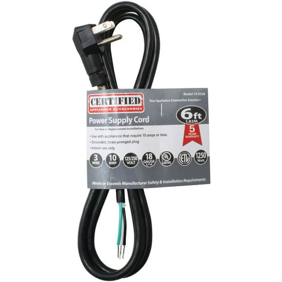 Certified Appliance Accessories(R) 15-0336 10-Amp 90deg -Plug Power Supply Cord, 6ft