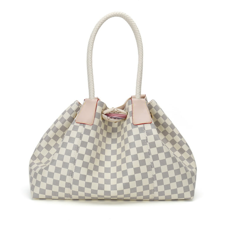 RICHPORTS Checkered Tote Shoulder Bag with inner pouch - PU Vegan Leather （ white） 