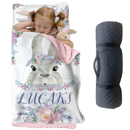Personalized Bunny-Themed Bean Velvet Nap Mat for Kids – Soft Toddler Sleeping Mat with Custom Name – Ideal for Daycare Preschool and Travel(Cushions + Pillows22.5 x55 +Blanket size: 33.5 x 45 )