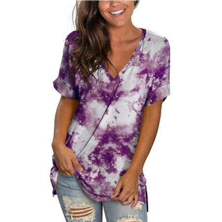 

Lidyde Womens Basic T Shirts Short Sleeve V Neck Casual Blouse Summer Rolled Sleeve Side Split Tunic Tops Fashion Gradient Color V-Neck Short Sleeve T-shirt Tops Blouse Purple XXXL