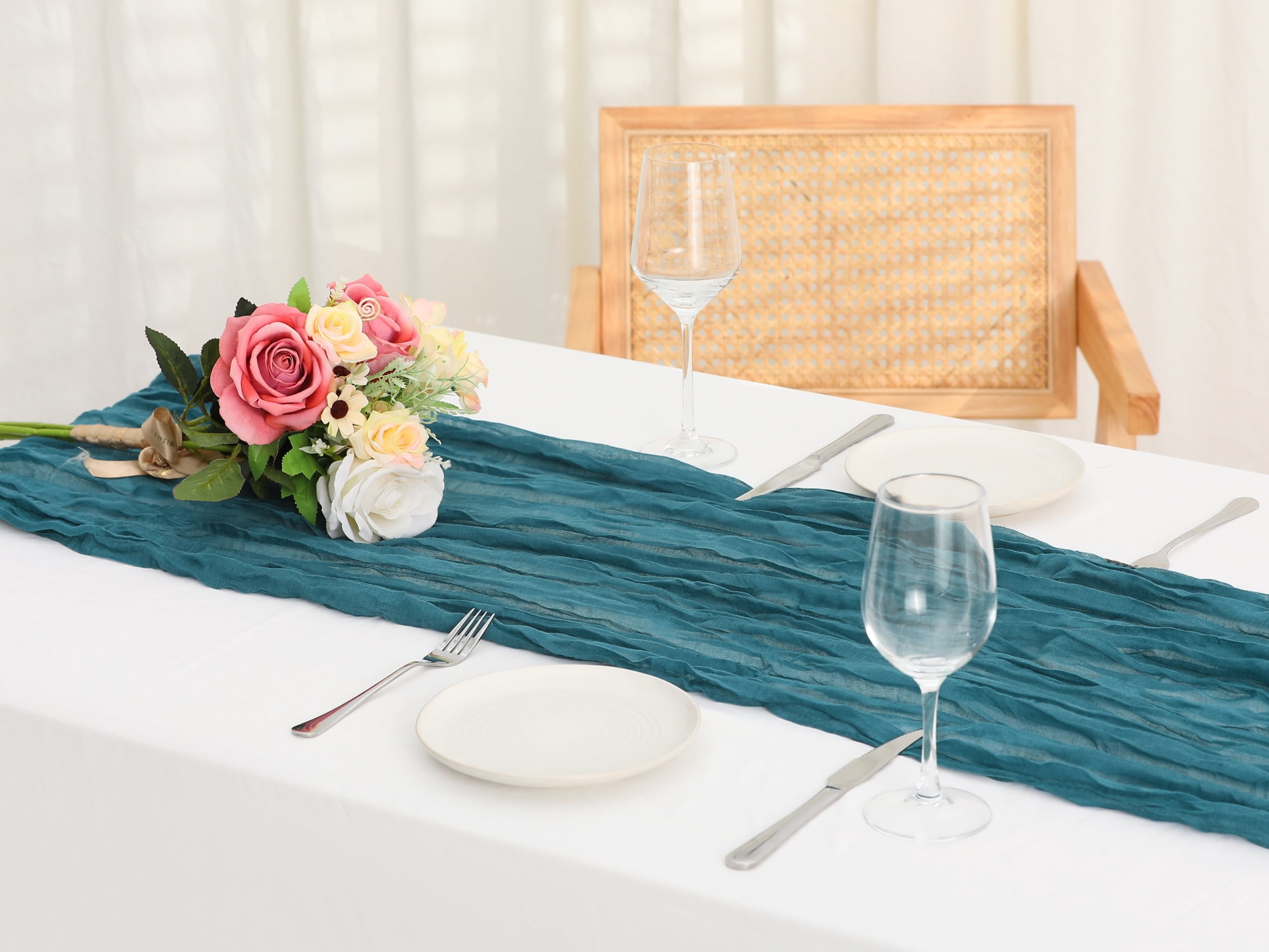 Unique Bargains Solid Color Table Runner Crinkle Fabric Table Banner (6 Count) Blue 35"x71"