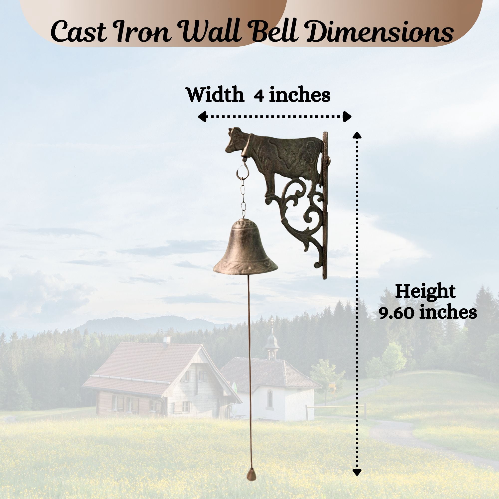 Rustic Cast Iron Wall Bell With Embossed Cow Accent - Vintage Outdoor Dinner Bell - Farmhouse Classic Yard Decor for Countryside or Contemporary Home Styles