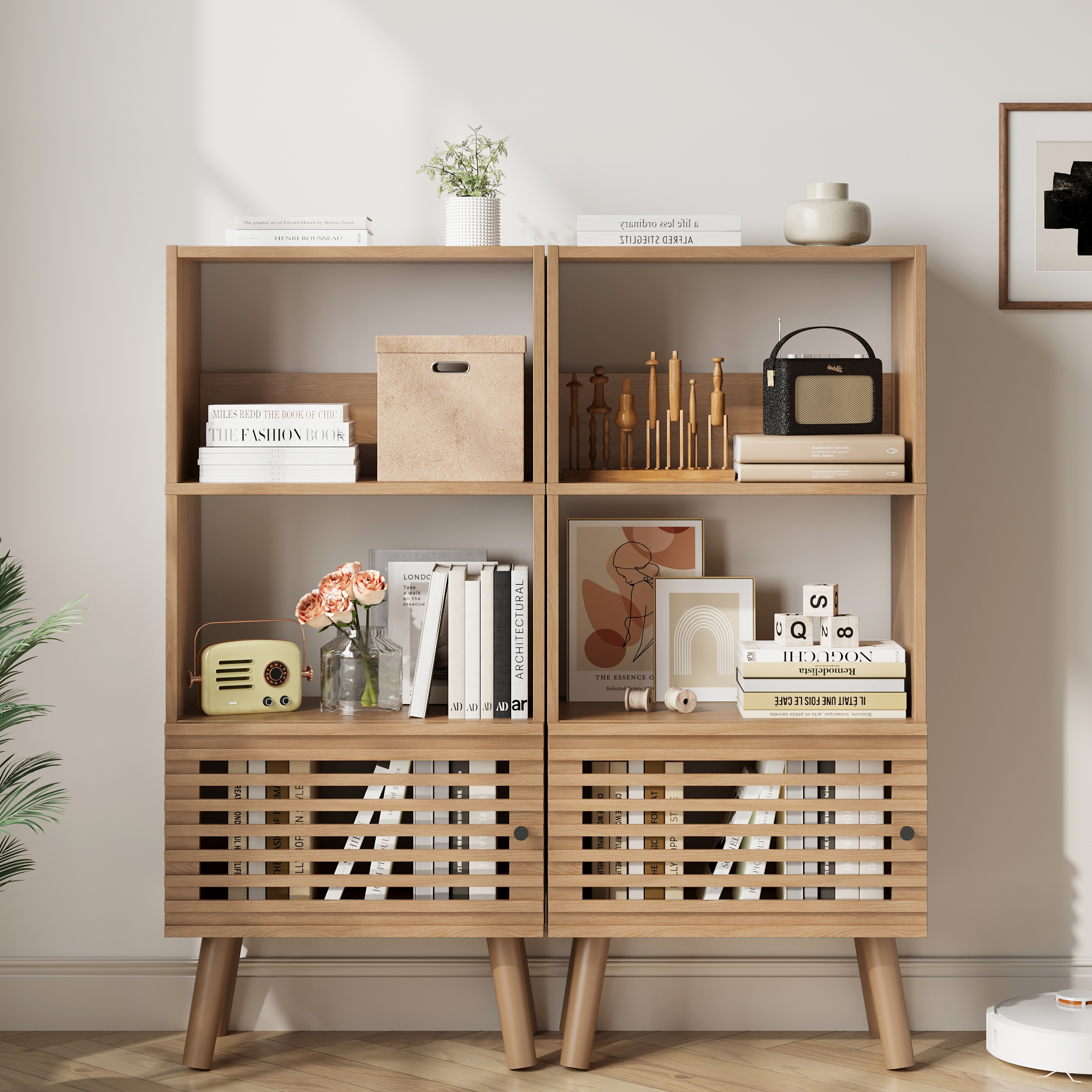 43" H Open Shelf Cube Bookshelf with Slatted Door, Mid-Century Small Bookcase with 3 Cubes, Open Shelves Display Storage Cabinet for Living Room, Home Office, Oak